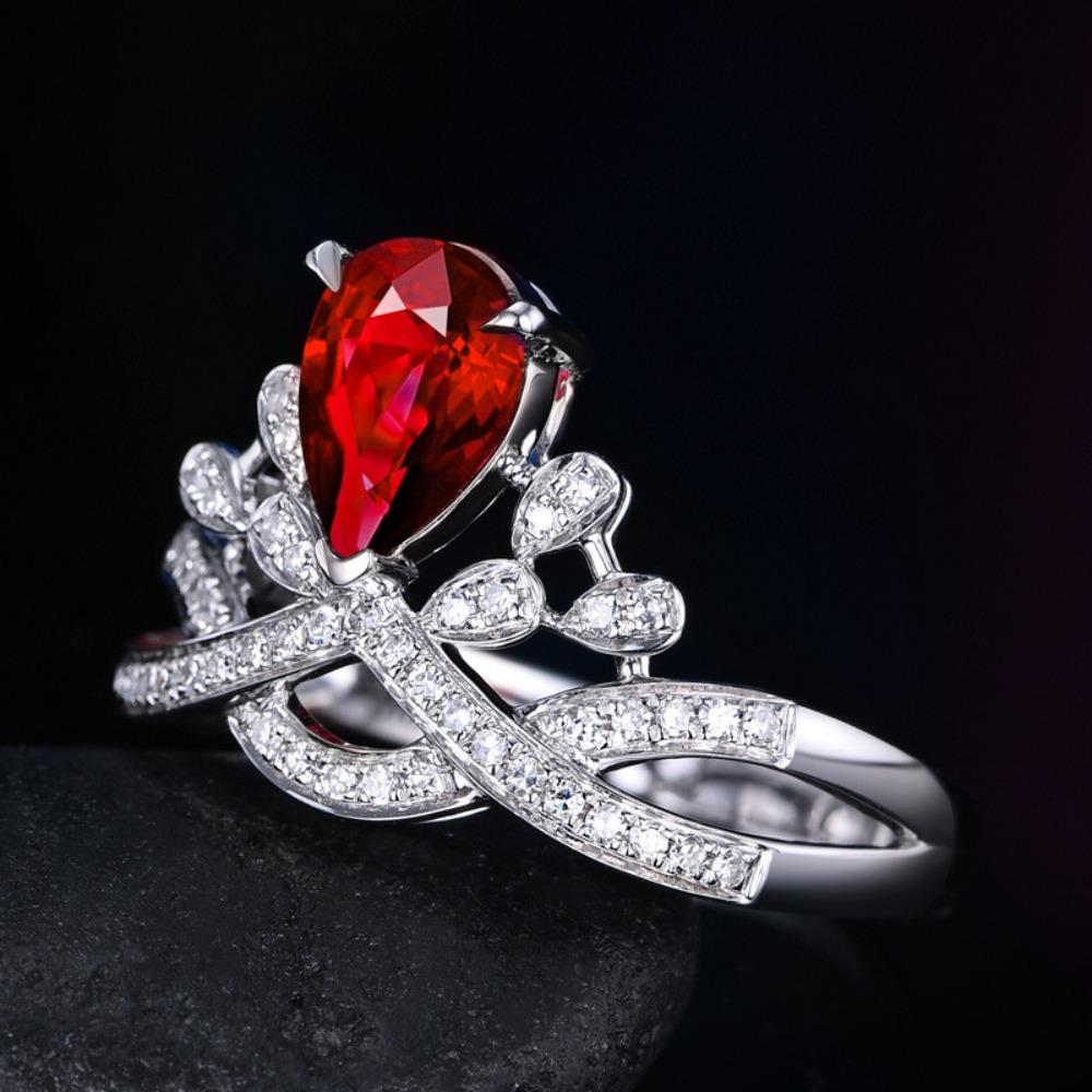 Women Luxury Pear Crown Ring Simulated Diamond Engagement Ring with Colored Gemstones