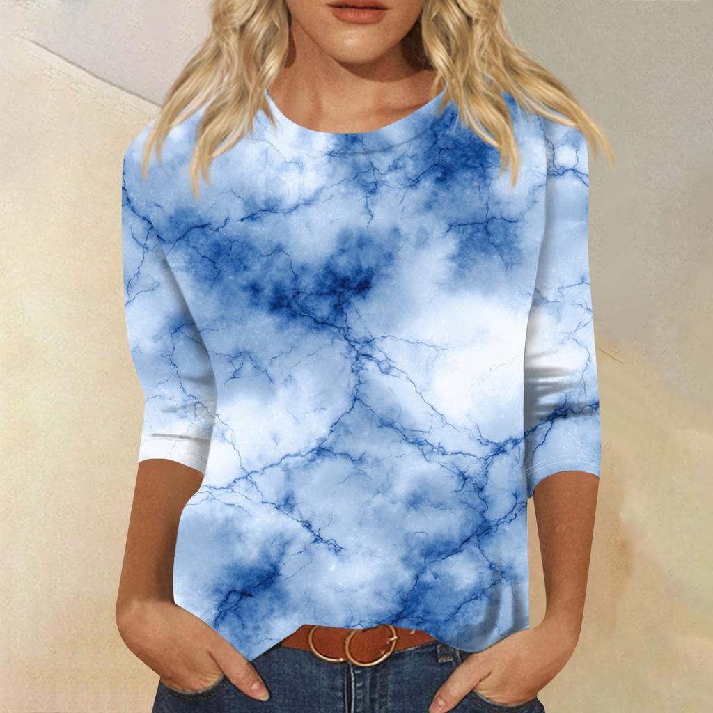 Женская модная повседневная футболка с круглым вырезом, рукавом три четверти и градиентным принтом