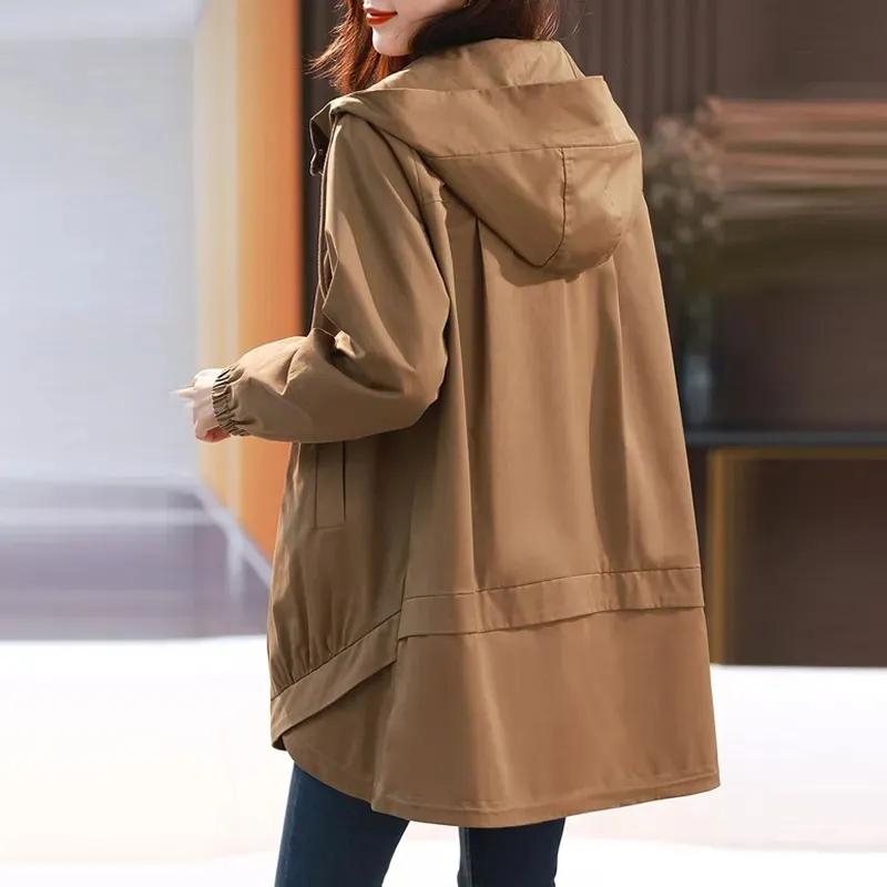 Ветровка с капюшоном, женская весенне-осенняя куртка большого размера, свободная повседневная универсальная куртка средней длины, женское пальто