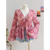 V-neck Printed Vacation-style Women's Flared Sleeve Loose and Flowing Top