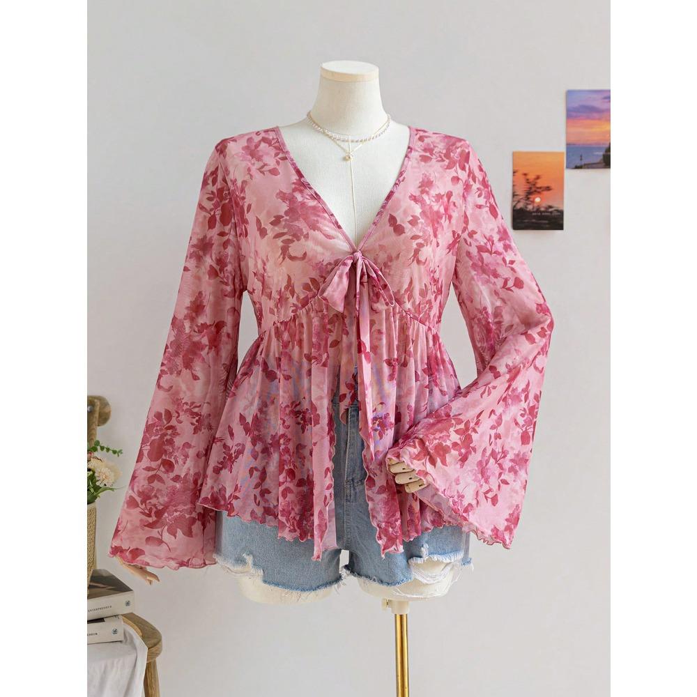 V-neck Printed Vacation-style Women's Flared Sleeve Loose and Flowing Top