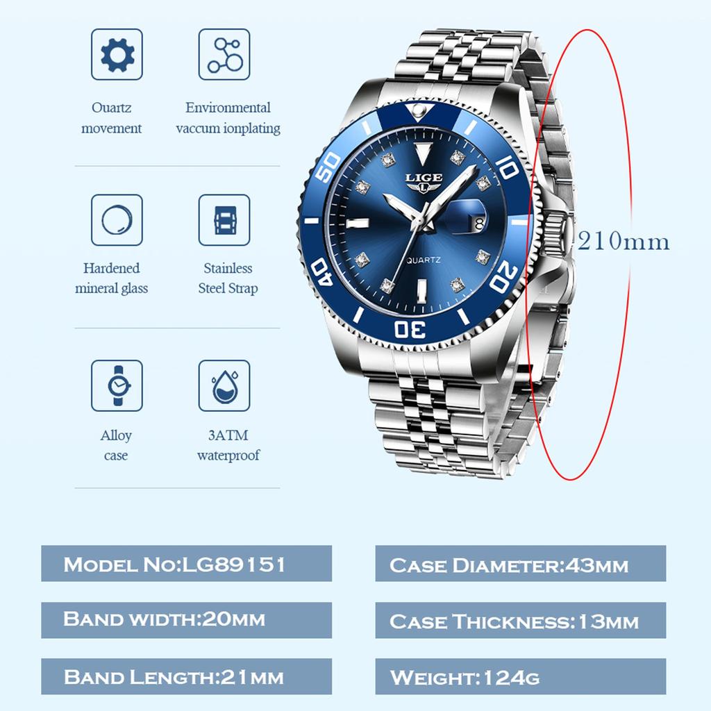 LIGE Новые лучшие брендовые роскошные мужские часы модные водонепроницаемые спортивные кварцевые часы с датой