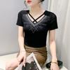 New Summer Short Sleeved V-Neck Women's T-Shirt Fashion Sexy Hollow Out Hot Diamonds Tops High Strecth Mesh Slim Tees