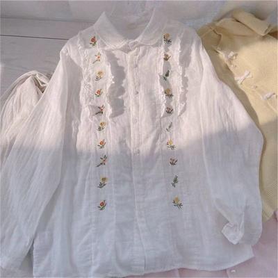 Женская белая рубашка с цветочной вышивкой, в деревенском стиле, милая леди, блузки с лацканами, осенние универсальные топы на одной пуговице