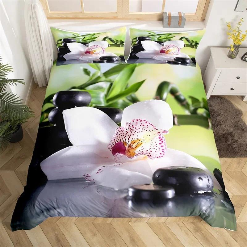 Пододеяльник Zen Stones Бамбук Фаленопсис Комплект постельного белья Медитация Покрывало из микрофибры Спокойная природа Художественное произведение Покрывало