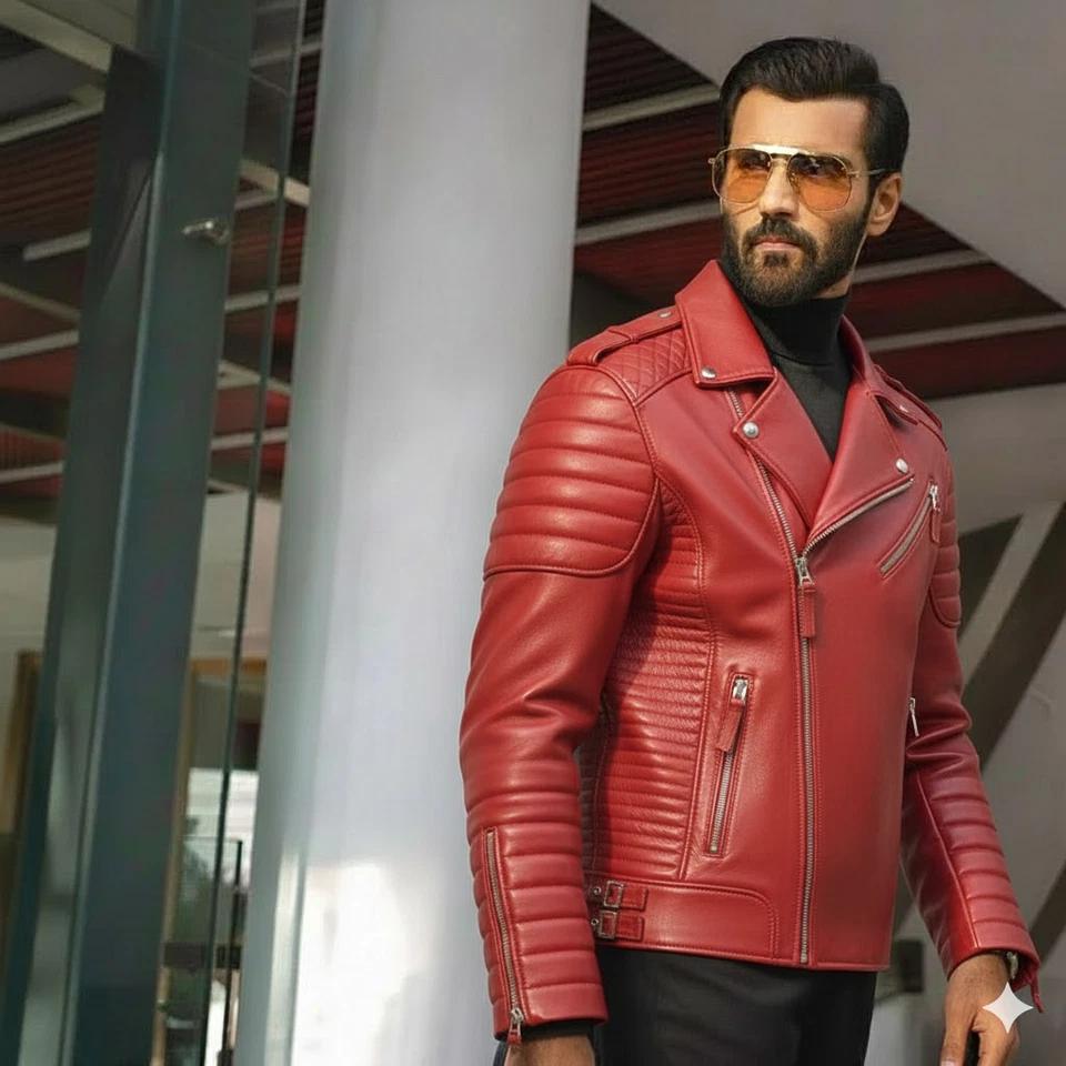 Стильная повседневная красная мужская куртка ручной работы из натуральной кожи ягненка, мотоциклетная байкерская