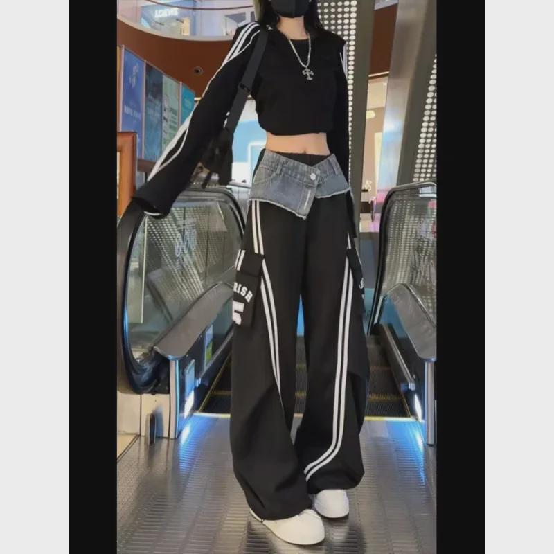 Женские полосатые джинсовые брюки-комбинезон с карманами - осенняя мода, широкий фасон