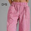 Женские брюки с эластичной талией, средней посадкой, широкие длинные брюки с карманами, клетчатый принт, удобные повседневные брюки