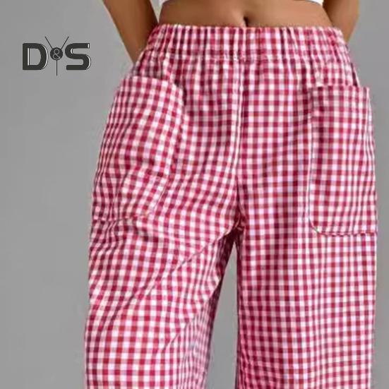 Женские брюки с эластичной талией, средней посадкой, широкие длинные брюки с карманами, клетчатый принт, удобные повседневные брюки