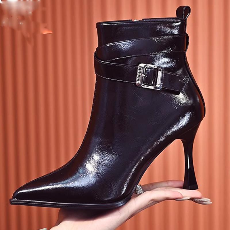Кожаные женские ботильоны, модные туфли с острым носком и высоким каблуком, 2025, трендовые дизайнерские элегантные туфли-лодочки, зимние новые готические туфли Botas De Mujer