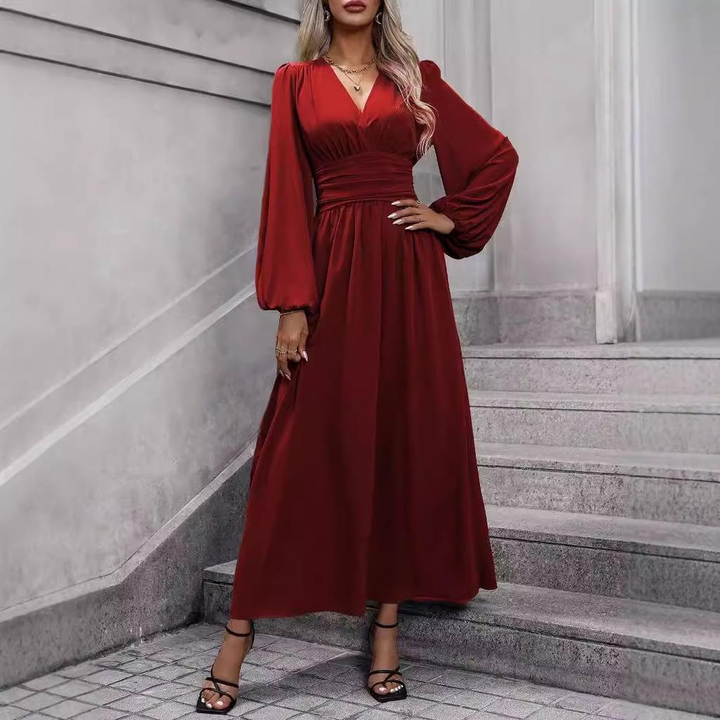 Женское однотонное элегантное платье с рукавами-фонариками, V-образным вырезом и высоким разрезом