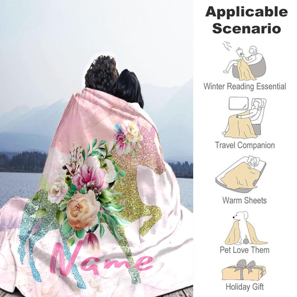 Unicorn Flower Customize Your Name Blanket Throw Customizable Blanket Ultra-Soft Perfect for Bed Sofa Couch Chair All-Season Use
