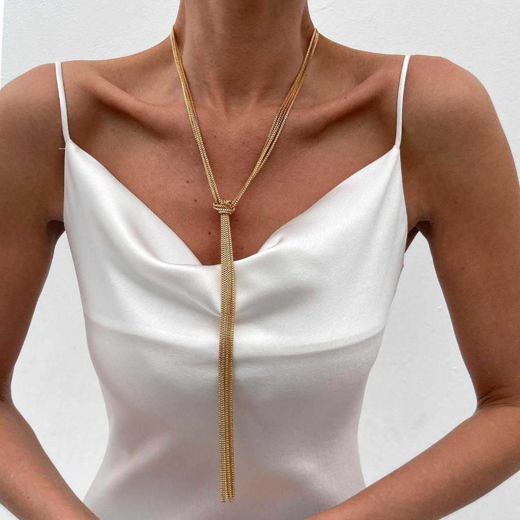 Simple Y-shaped Metal Tassel Plain Chain Necklace Cold Wind Multi-layer CCB Beads Collarbone Chain High Fashion Sense Party Commuter Women's Necklace