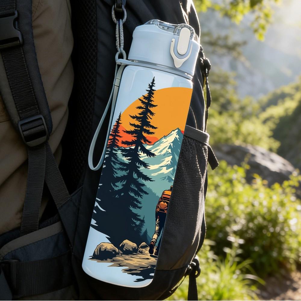 1PC Mountain Forest Sunset Camping Print 750ml Color Plastic Sports Water Bottle Leakproof Flip Straw Lid Suitable for Sports Office Home Use