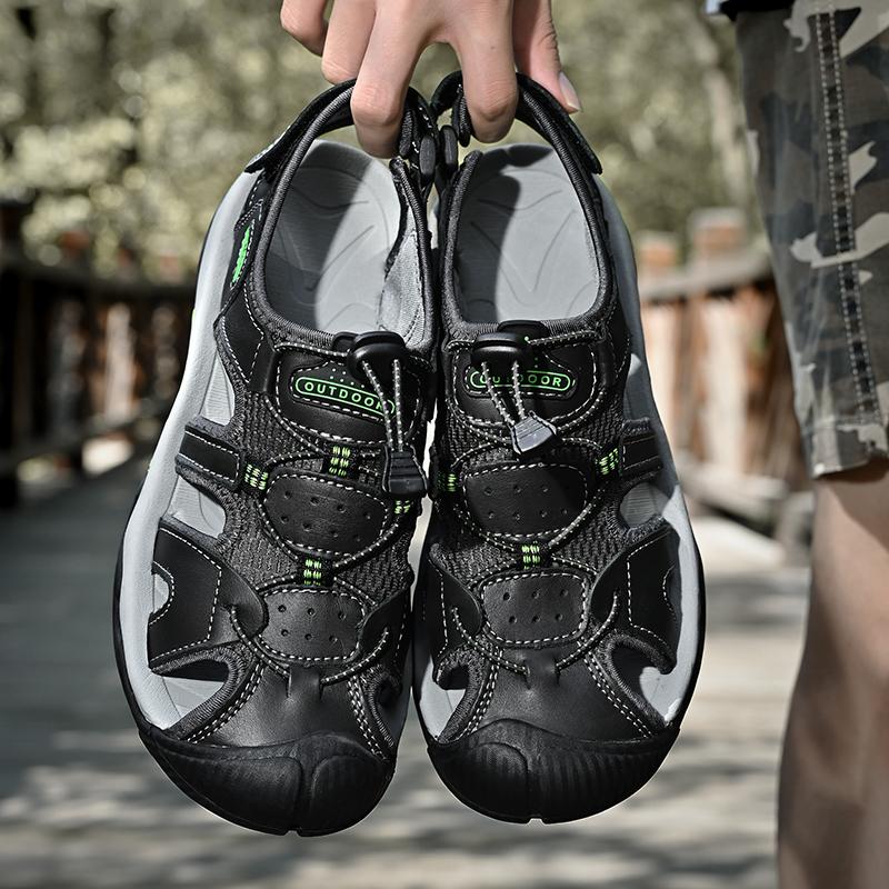 Кожаные мужские пляжные сандалии для воды, летние уличные повседневные спортивные сандалии с закрытым носком, нескользящие мягкие походные забродные кроссовки