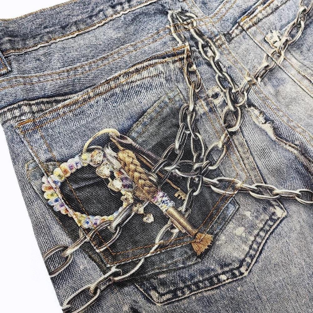 Новые мешковатые джинсы с 3D-принтом в виде цепочки для мужчин и женщин, повседневные мешковатые прямые джинсовые брюки, широкие джинсы Y2K