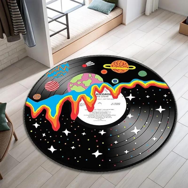 Vinyl Record Round Rug, Music Themed Black  White Carpet, Soft Non-Slip Decor Mat for Living Room  Bedroom