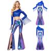 S-3XL Metallic Shiny Flared Pants and Tassel Fringe Cold Shoulder Crop Top Set for Disco Dance Nightclub Performance Outfit