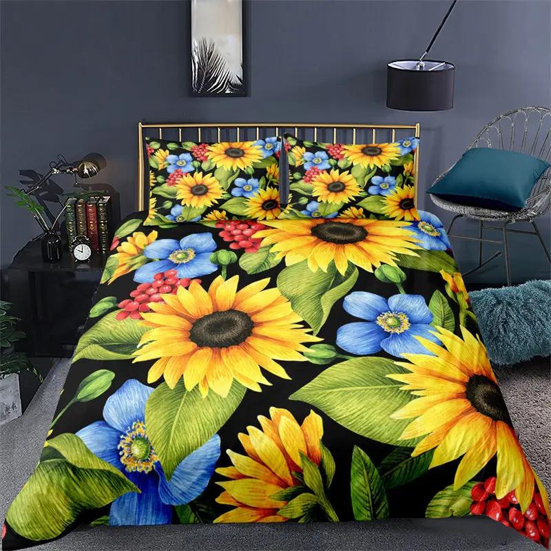 Sunflower Bedding Set Modern Microfiber Yellow Flowers Print Duvet Cover Alluring Sunflowers Summer Inspired Design Quilt Cover