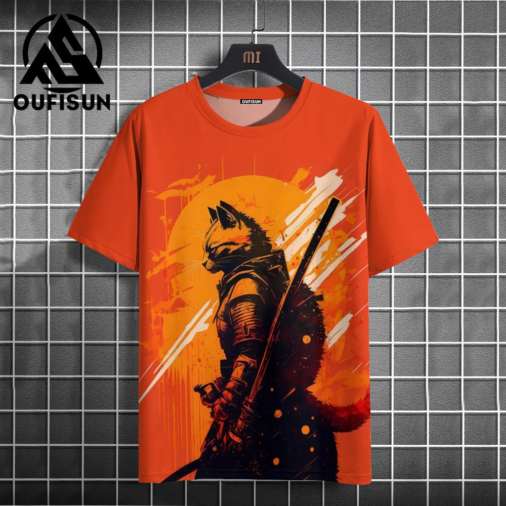 Men's Animal T-Shirt Japanese Samurai Cat Element Graphic 3D Print T-Shirt