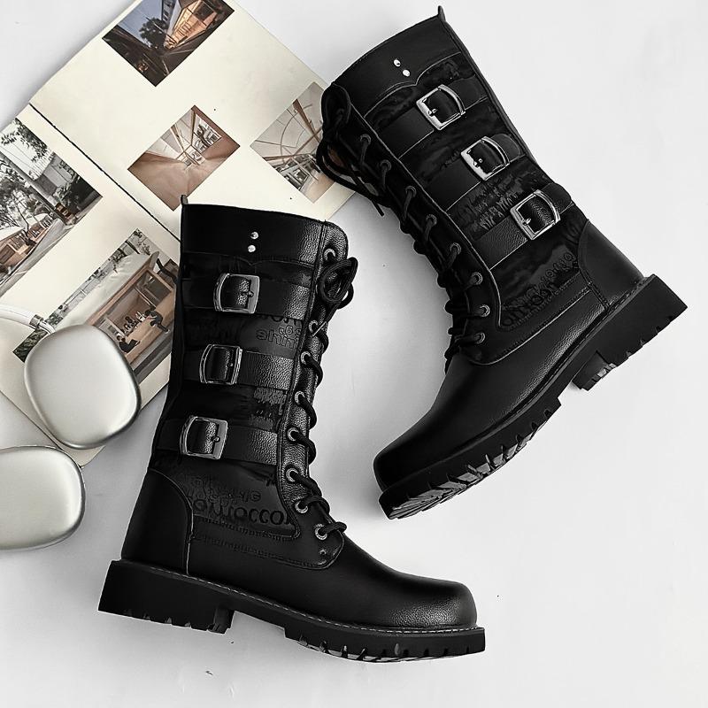 Мужские ботинки с высоким голенищем Модные уличные ботинки в стиле рок-панк Мотоциклетные ботинки для мужчин На шнуровке Платформа До середины икры Повседневные Кожаные Боты