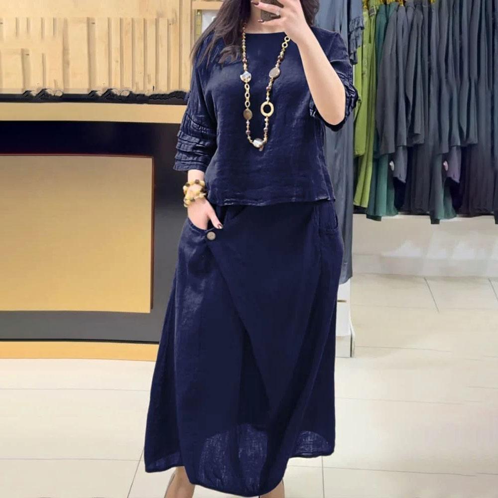 Женский однотонный повседневный хлопковый льняной комплект с рукавами 3/4 и круглым вырезом, топ и брюки