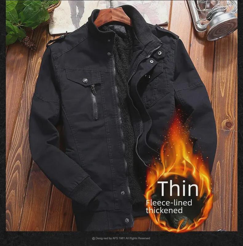 Men's Military-Style Washed Cotton Jacket with Velvet Lining