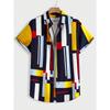 Men's and Women's Casual Design Short Sleeved Shirt Fashionable Button Print Interesting Block Print Shirt
