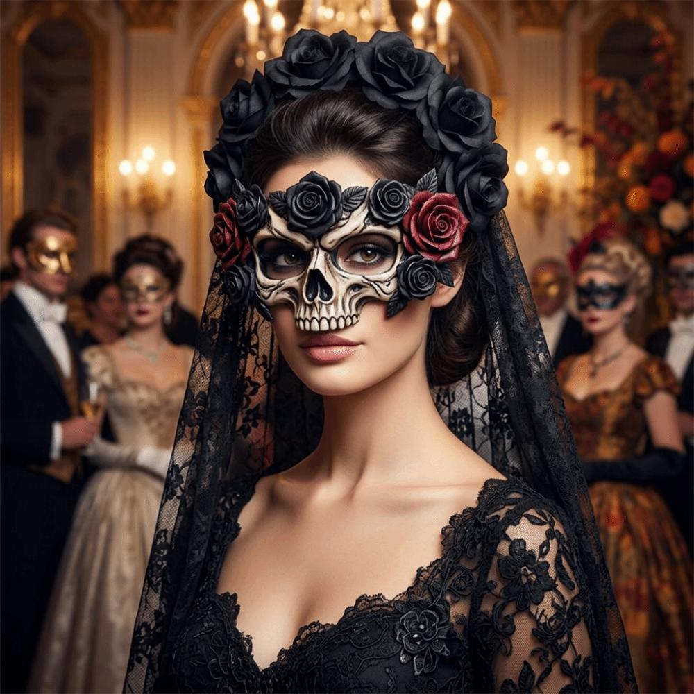 Simulation Rose Skull Mesh Veil Hairband Gothic Halloween Rose Headband Women Accessories