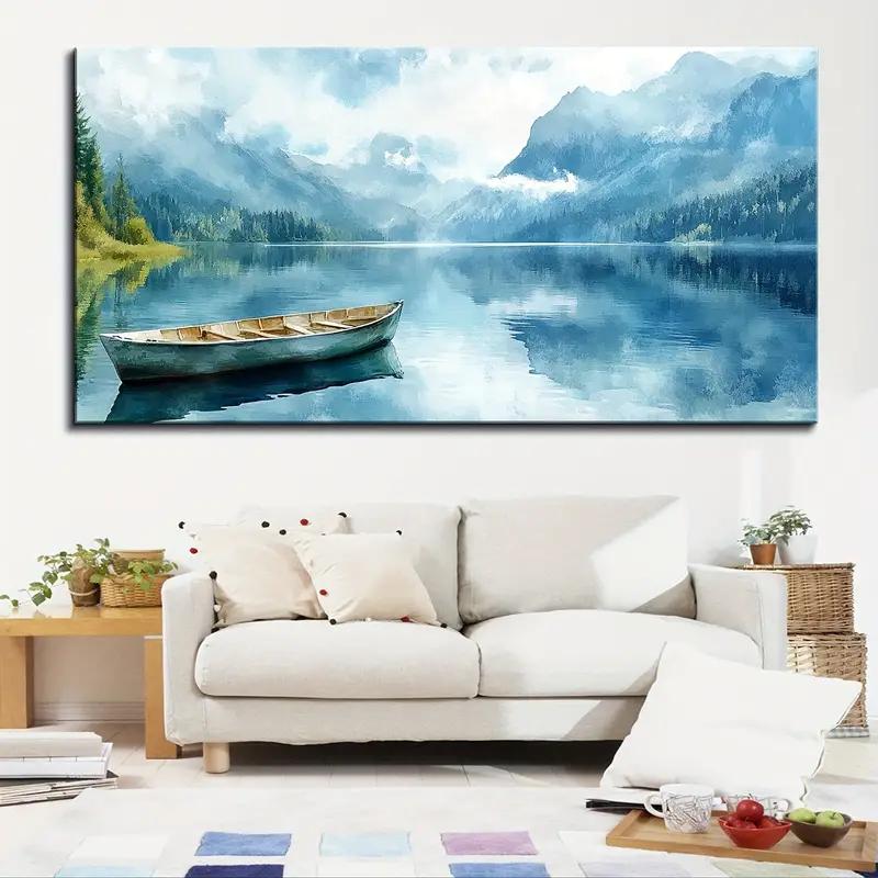 1,5" Толстый Холст Без Рамы Настенное Искусство - Безмятежное Озеро Горы Небо Пейзаж с Лодкой Живопись, Современный Декоративный Вдохновленный Природой