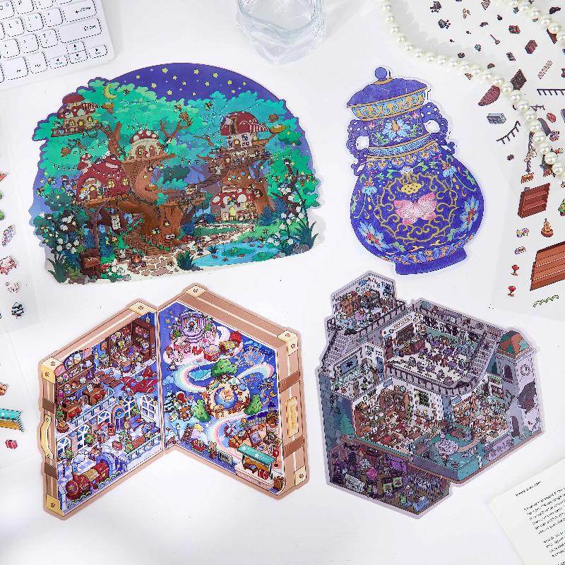 Plus Size Kawaii 3D Cartoon Fun Miniature Scene Stickers Creative Collage DIY Handmade Scrapbook Stacking Game Stickers