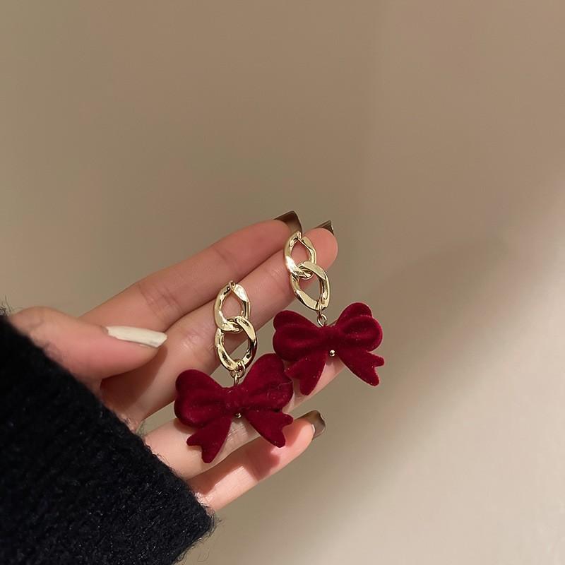 Серьги-капли с красным бантом для женщин, темпераментные серьги с сердечками и бантом для девочек, новогодние праздничные украшения