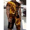 Летний мужской спортивный костюм из 2 предметов, 3D-принт золотого льва, футболка с коротким рукавом, шорты, комплекты для бега, уличная мужская одежда
