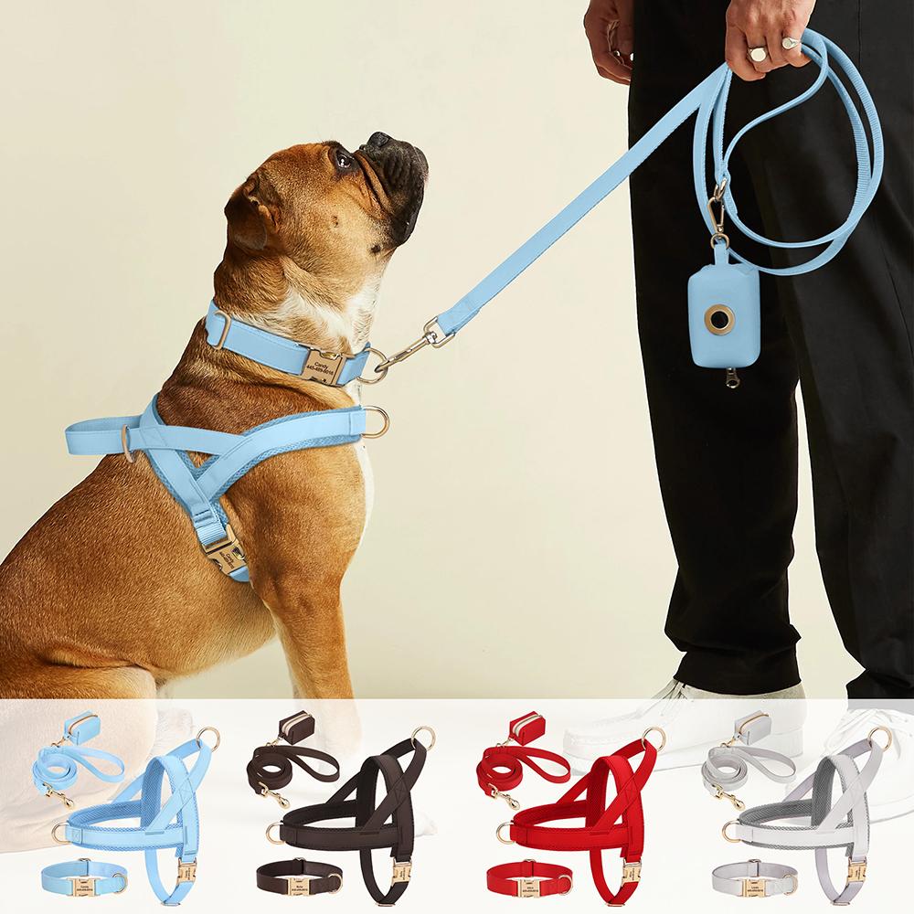 Dog Collar Harness Leash Bag Set Free Custom Dog Collars Engraved Pet Buckle Necklace Harness With Lead Rope Waste Bags for Dogs