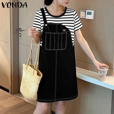 Летнее женское платье-туника с коротким рукавом в полоску в стиле пэчворк