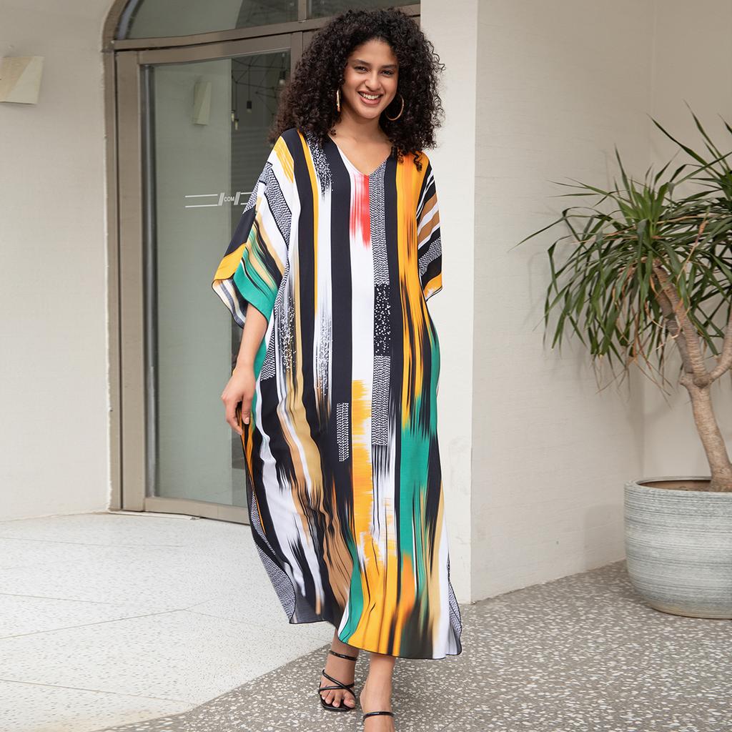 Printed Beach Dresses Viscose Kaftans for Women Summer Plus Size Loose Robe Holiday Living Room Bathing Suits