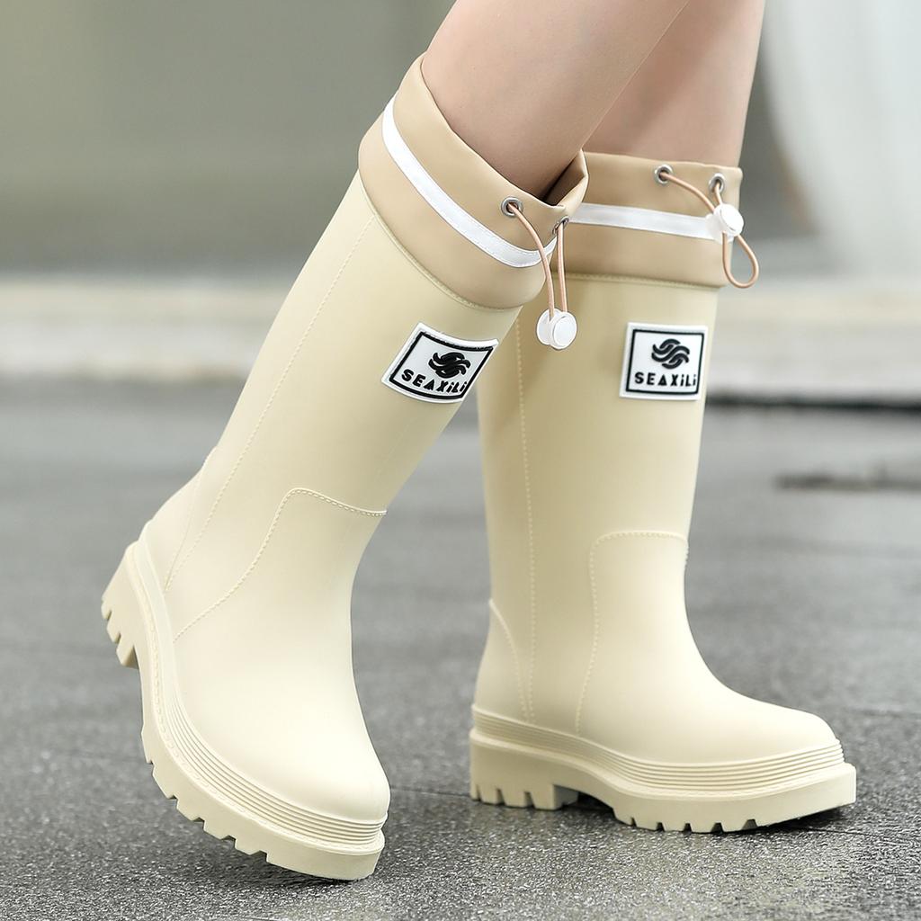 New Women's Rain Shoes Velvet Medium Tube Outdoor Waterproof Thick-soled Rubber Shoes High Tube Fashion Women's Rain Boots Wear-resistant Overshoes