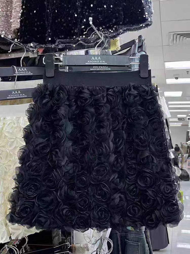 Женская европейская и американская A-силуэтная юбка с 3D-розами: Элегантная короткая юбка для похудения