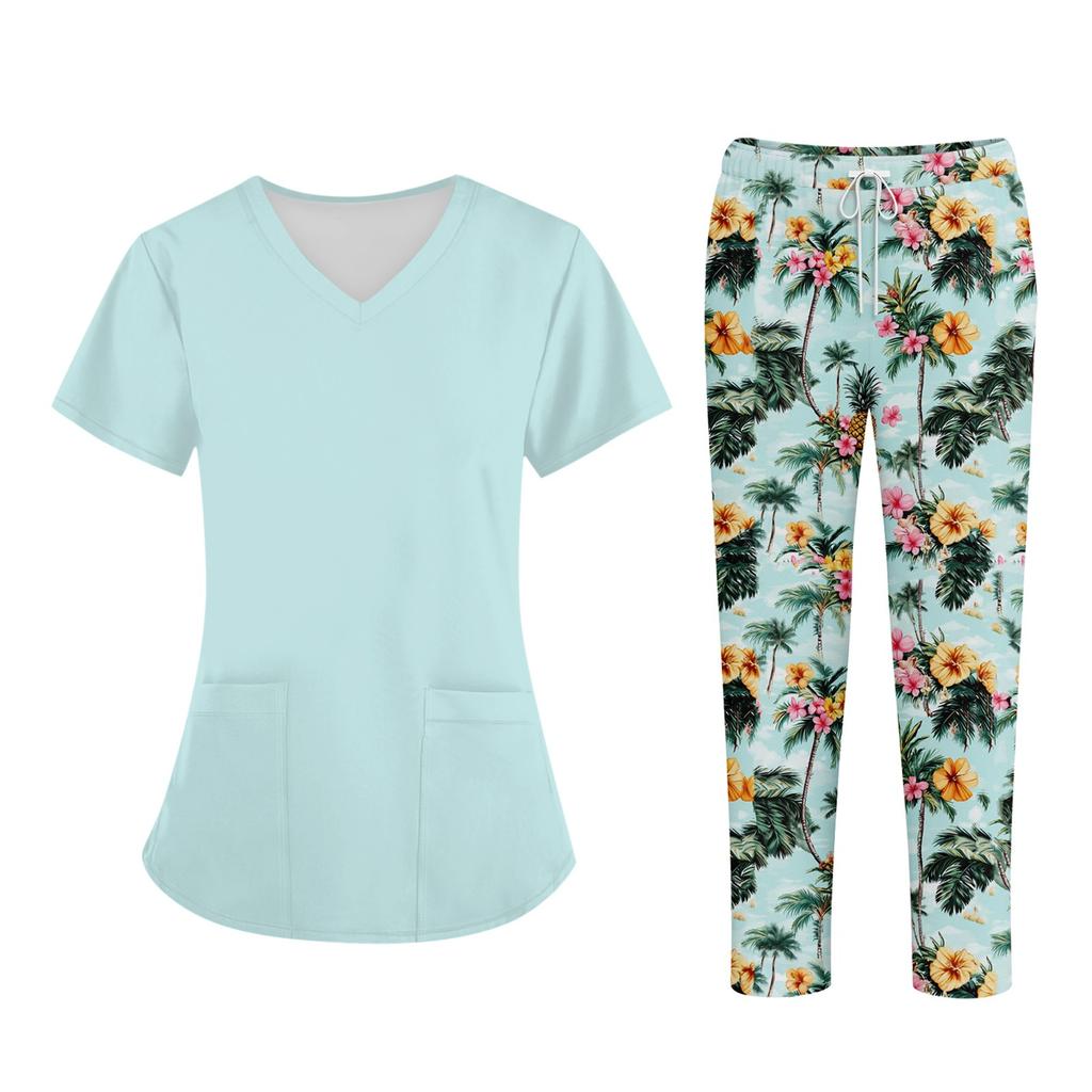 Плюс размерСкраб с принтом Рабочая форма Топы для женщин Крест V-образным вырезом Хэллоуин Принт с короткими рукавами Забавные футболки Спецодежда Футболка с карманами