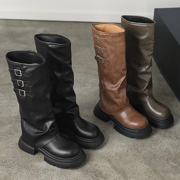 Новые женские сапоги Высокое качество Модные с круглым носком Однотонные с пряжкой На среднем каблуке Сапоги-чулки женские высокие сапоги