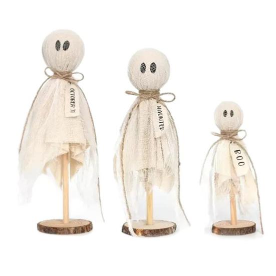 3Pcs/Set Halloween Ghost Decorations Rustic Centerpiece with Fabric Ghost Figures