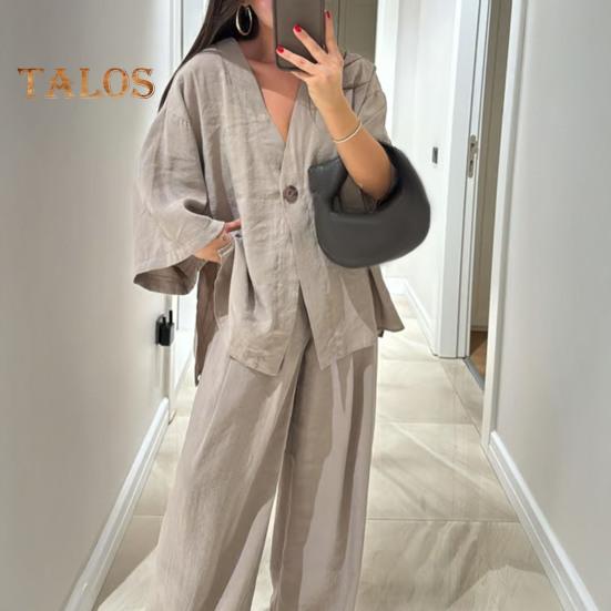 Женский комплект из двух частей из хлопка и льна, топ с длинным рукавом и V-образным вырезом на пуговицах, широкие брюки, повседневная домашняя одежда