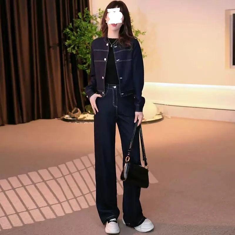 Женский джинсовый костюм для похудения, весна 2025: Стильный комплект: короткая куртка и широкие брюки