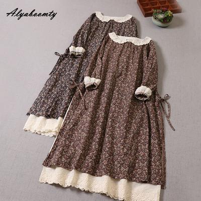 Японское платье Mori Girl на весну и осень, женское хлопково-льняное платье с воротником Питера Пэна, ретро-платье с цветочным принтом, элегантное винтажное платье с вышивкой