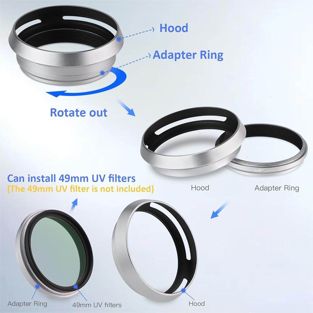 Haoge LH-X53W Lens Hood with Adapter Ring Cap, for Fujifilm Fuji FinePix X70 X100 X100S X100T X100F X100V Cameras, Silver