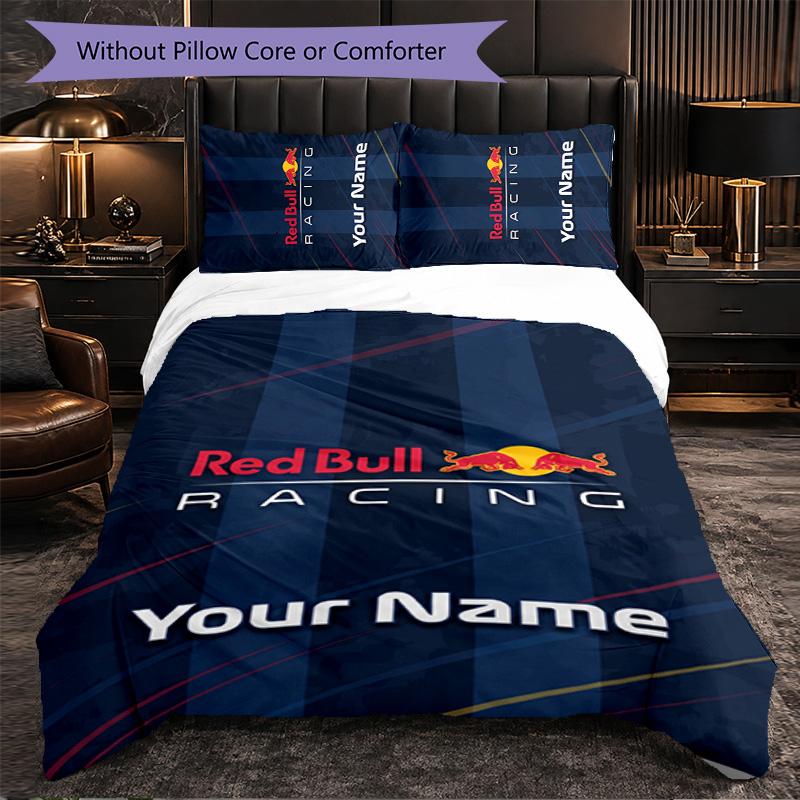 Постельное белье с индивидуальным именем Red Bull Racing, 1 пододеяльник и 2 наволочки, персонализированный подарок для спальни
