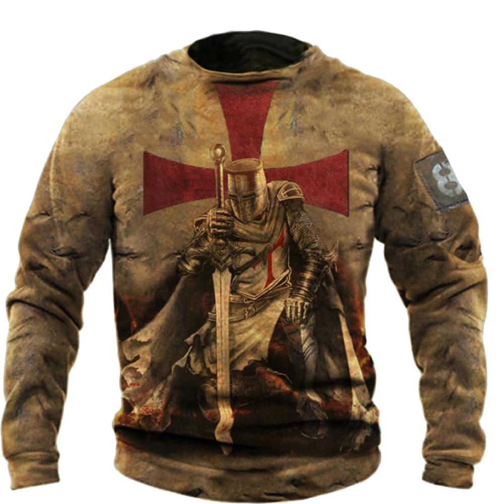 Винтажные футболки, мужская хлопковая футболка с длинными рукавами, крестоносец, рыцарь, графические топы, 5xl, футболка с 3d принтом, повседневная одежда большого размера с круглым вырезом