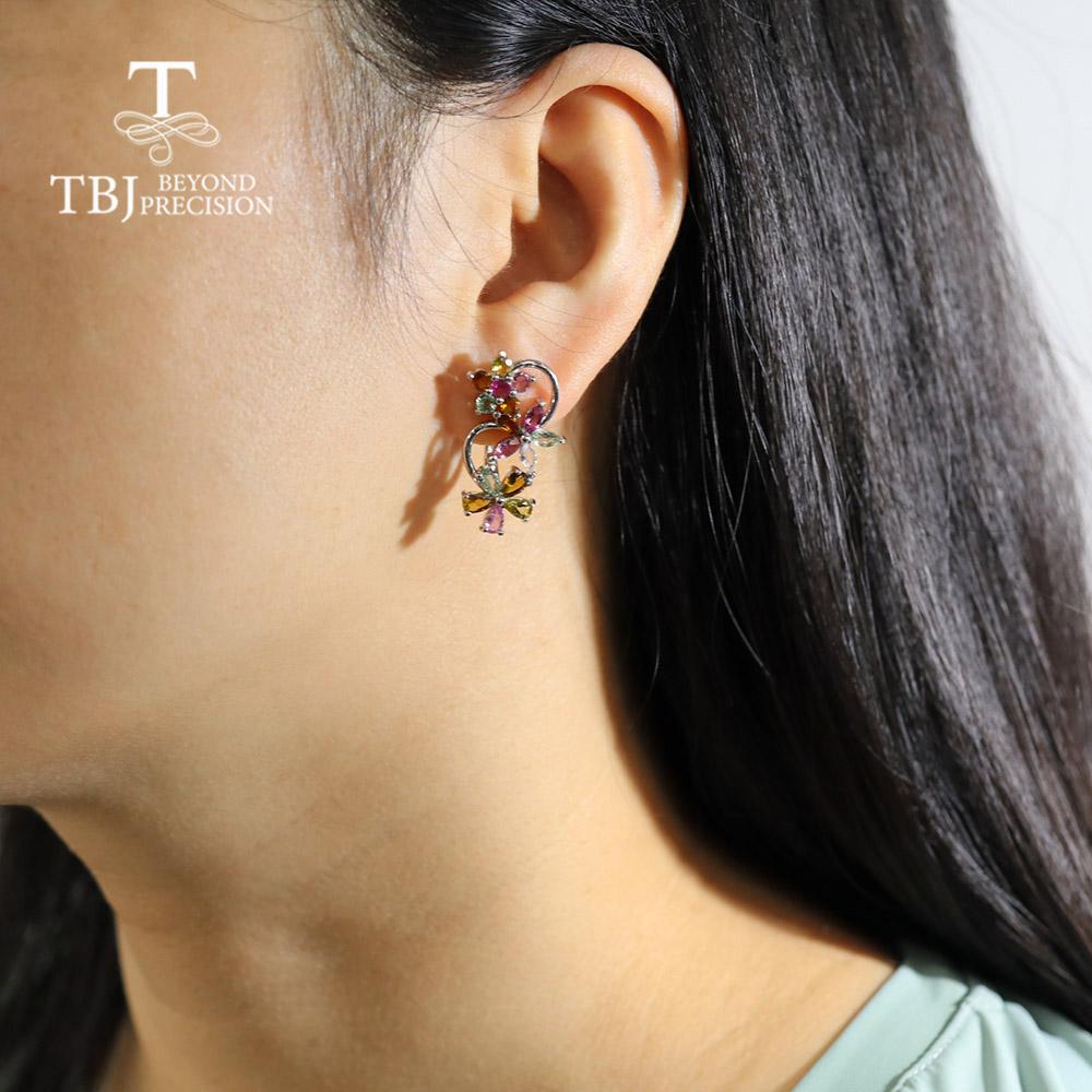 Natural Brazil Tourmaline Women Rings Earrings Jewelry Set Good Multi-color Natural Gemstones 925 Sterling Silver Fine Jewelry