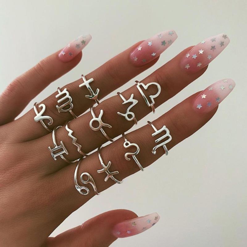 12pcs / lot Bohemian Vintage Silver Twelve Constellation Joint Ring Set Women Wedding Birthday Banquet Jewelry Accessories
