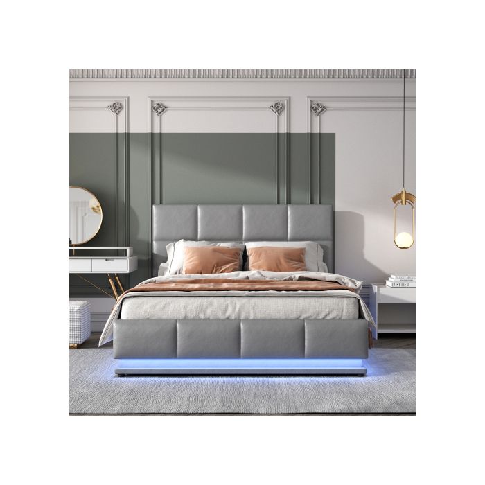 Lit 140x200 cm - MUVOE - Rembourré - Eclairage LED - Rangement hydraulique - Gris